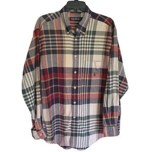 Nautica Men's L Plaid Button Down Collar Shirt Cotton Long Sleeve Multicolor